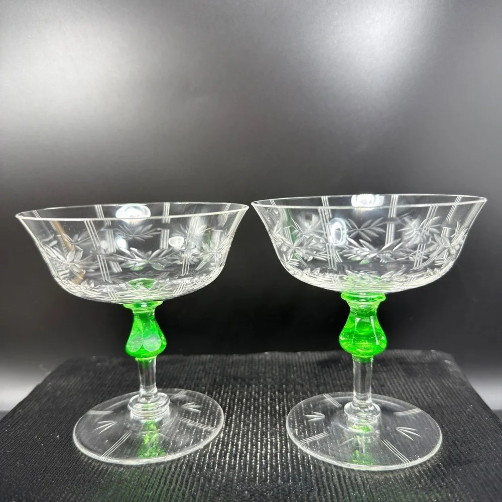 Vintage Uranium Glass Etched Laurel Leaf Champagne Coupes Vaseline Stem Cups Set